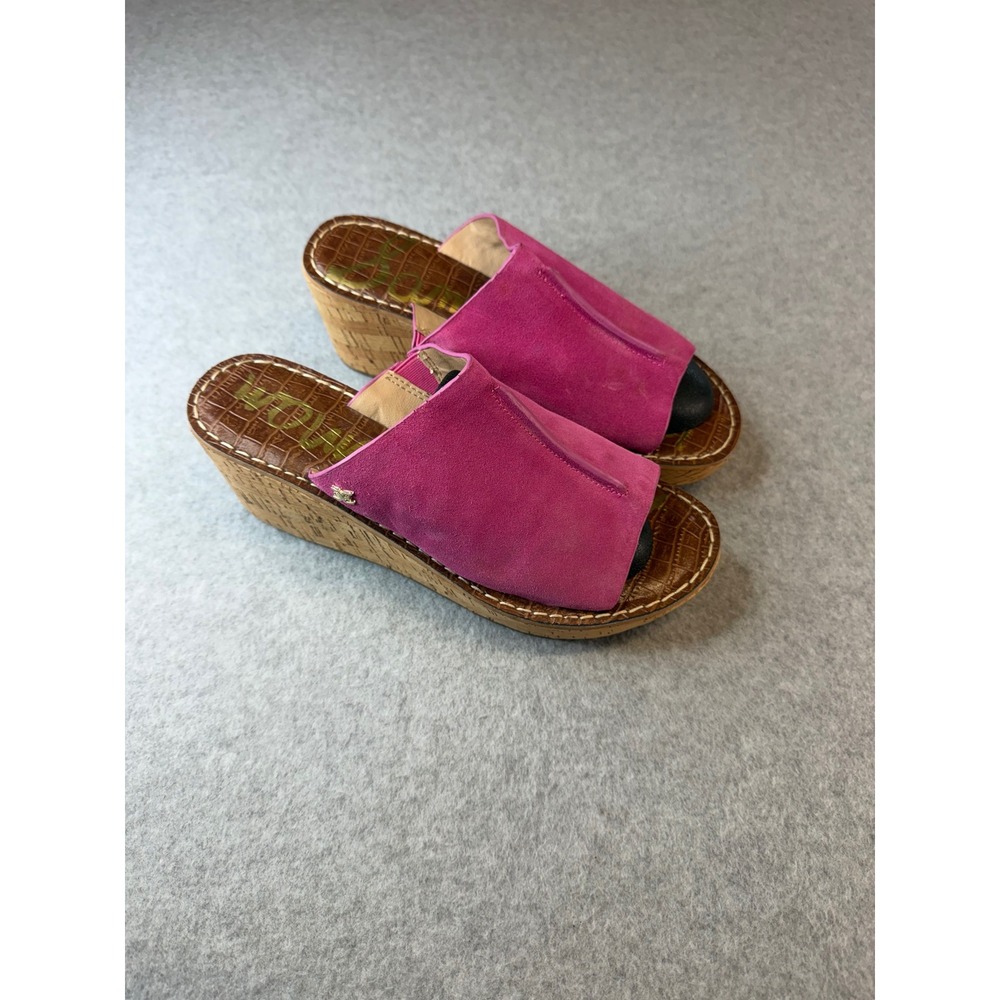 Sam Edelman Ginger Pink Suede Cork Wedge Peep Toe Slide Sandals Womens 8